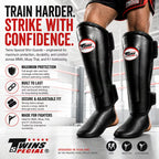 Black Twins Special shin guards with promotional text on a boxing ring background