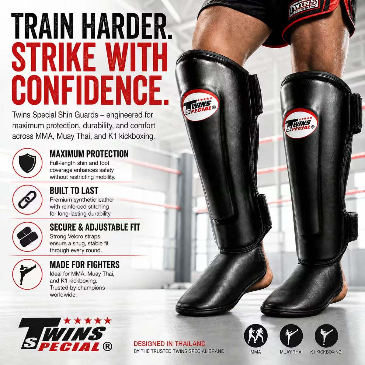 Black Twins Special shin guards with promotional text on a boxing ring background