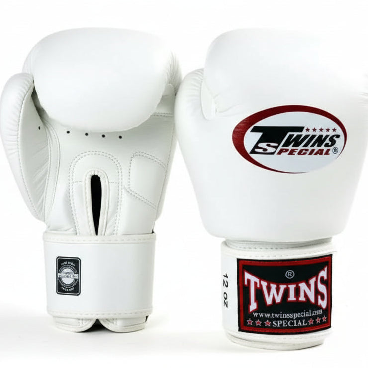 White boxing gloves with Twins Special logo on a white background