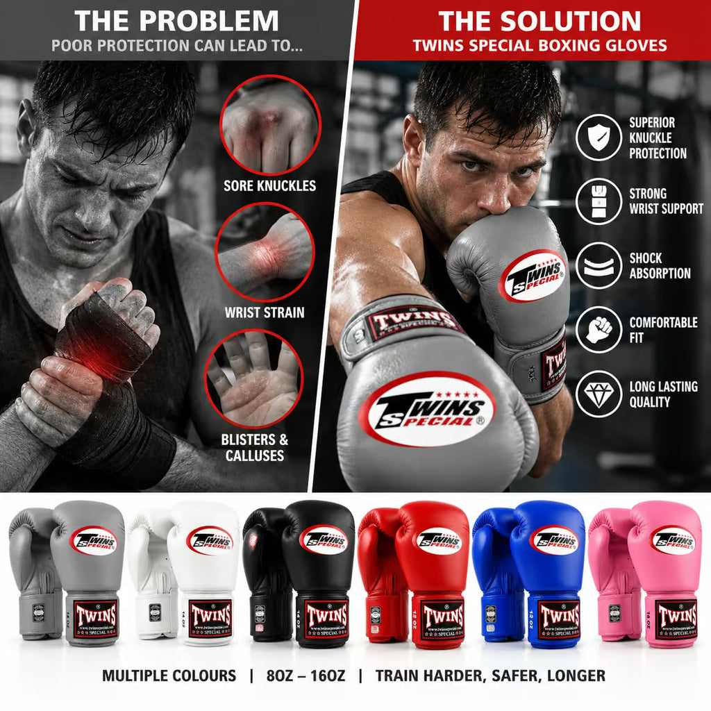 Twins Special boxing gloves shown in multiple colors, with promotional text and inset photos of a boxer demonstrating use. The image includes gray, white, black, red, blue, and pink gloves, plus feature callouts such as superior ankle protection, strong wrist support, shock absorption, and comfortable fit.