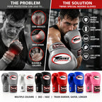 Twins Special boxing gloves shown in multiple colors, with promotional text and inset photos of a boxer demonstrating use. The image includes gray, white, black, red, blue, and pink gloves, plus feature callouts such as superior ankle protection, strong wrist support, shock absorption, and comfortable fit.