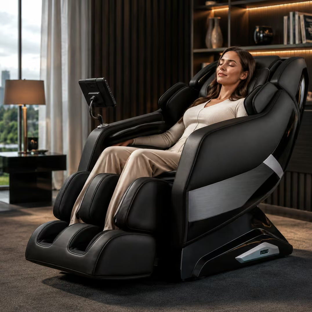 A woman reclines in a black and dark gray massage chair inside a modern living room with warm ambient lighting, shelving, and a window in the background.