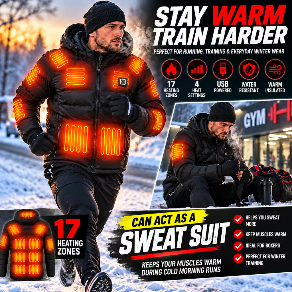 A man wearing a black heated winter jacket with glowing orange heating zones runs through the snow, with promotional text highlighting 17 heating zones, USB power, water resistance, and warm insulation. A smaller inset shows him sitting by a gym bag at night.