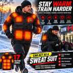 A man wearing a black heated winter jacket with glowing orange heating zones runs through the snow, with promotional text highlighting 17 heating zones, USB power, water resistance, and warm insulation. A smaller inset shows him sitting by a gym bag at night.