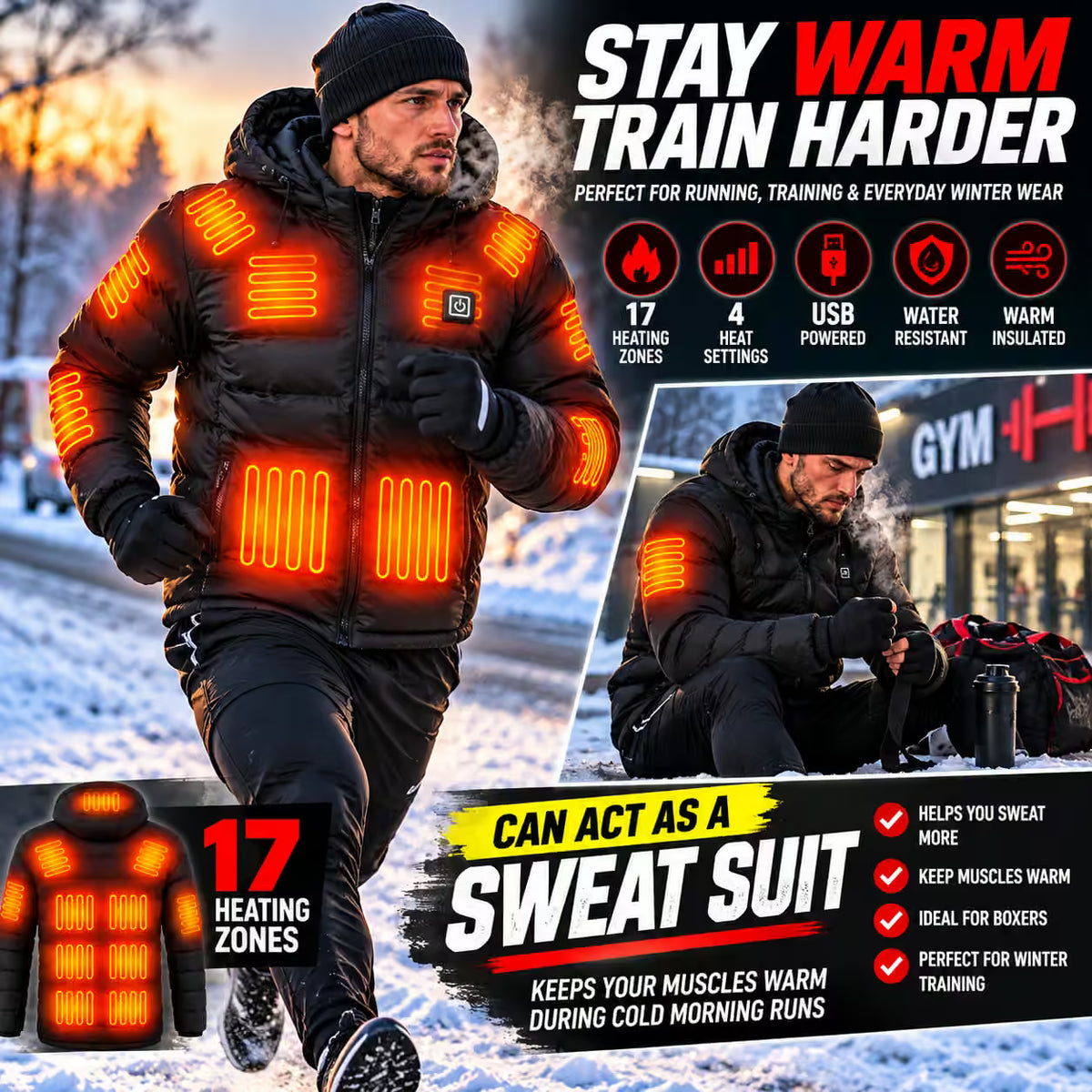 A man wearing a black heated winter jacket with glowing orange heating zones runs through the snow, with promotional text highlighting 17 heating zones, USB power, water resistance, and warm insulation. A smaller inset shows him sitting by a gym bag at night.