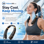 A promotional graphic for a FitZone360 neck cooling fan. It features a woman wearing the black and gold neck fan on her collarbone, with blue graphic lines indicating airflow.