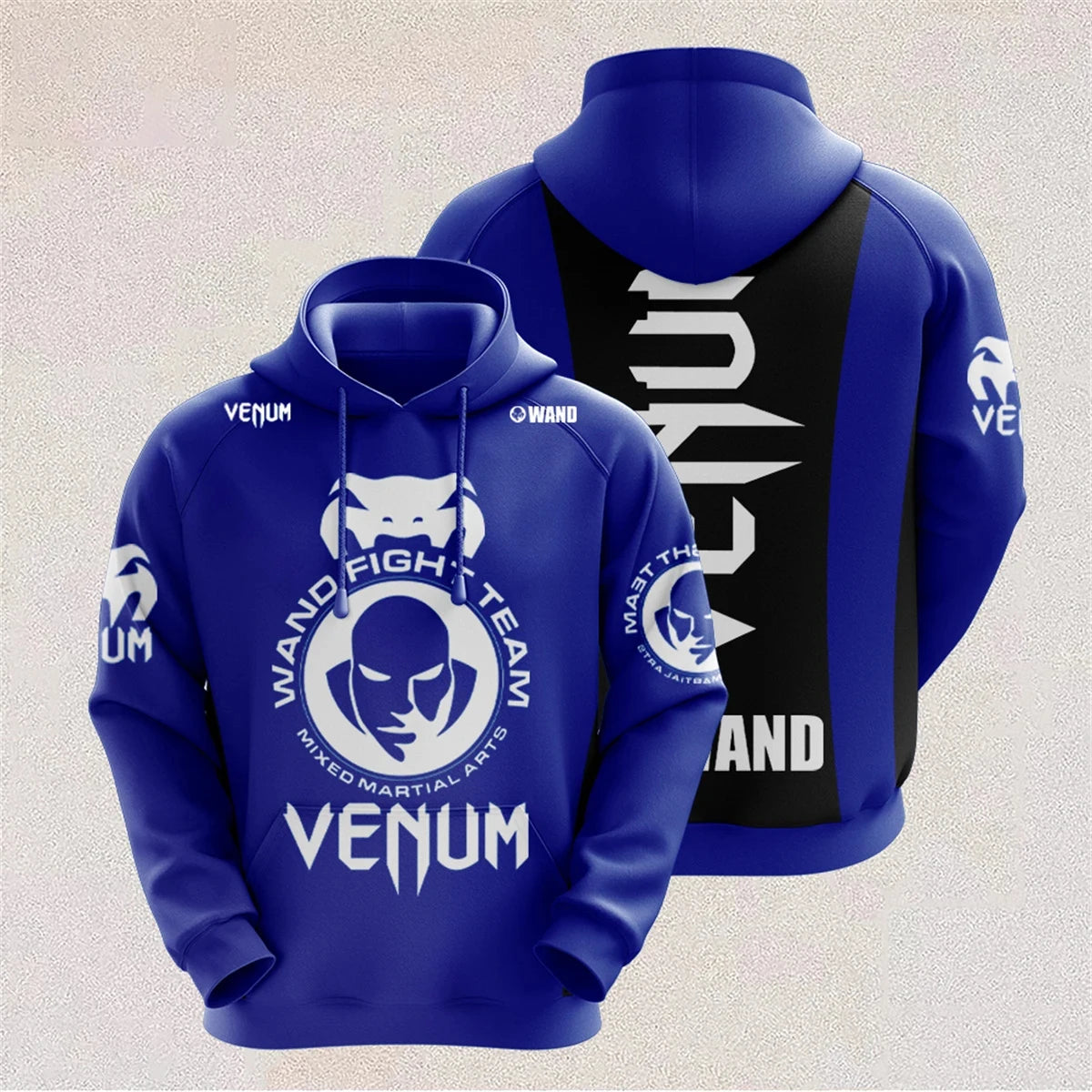 Blue hoodie with Venum branding on a light gray background