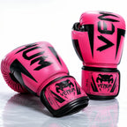 A pair of Venum 10 oz boxing gloves in vibrant pink with black accents, displayed on a reflective white surface.