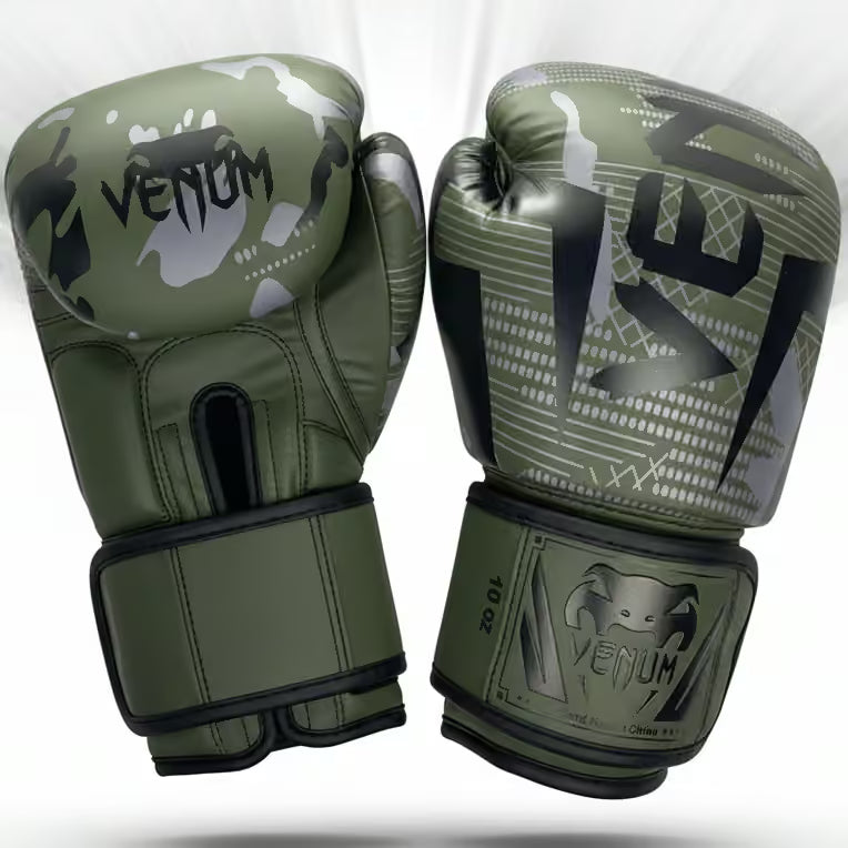 Green boxing gloves with black and white patterns on a white background