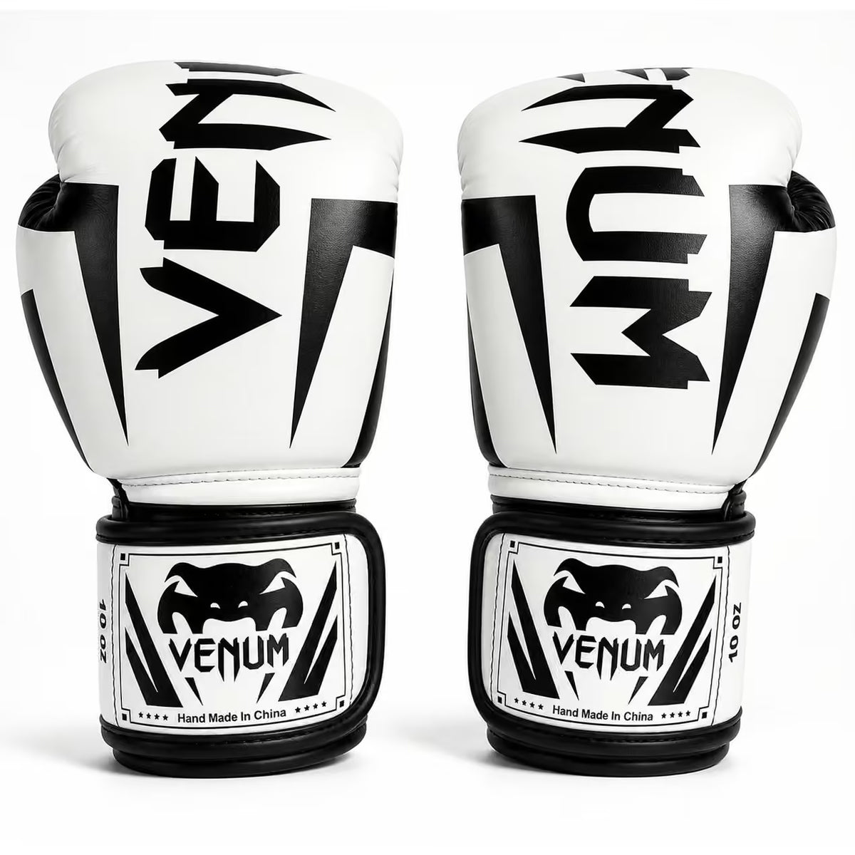A pair of Venum boxing gloves in white and black, shown side-by-side against a plain white background.