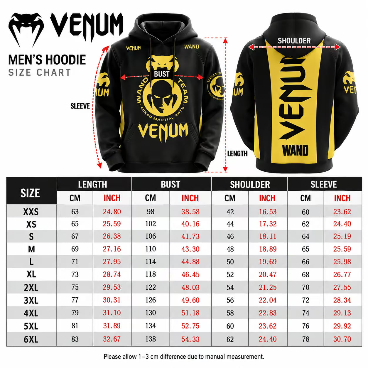 Venum men's hoodie size chart and measurement guide showing front and back views of the hoodie with labeled dimensions, plus a size table from XXS to 6XL with measurements in cm and inches.
