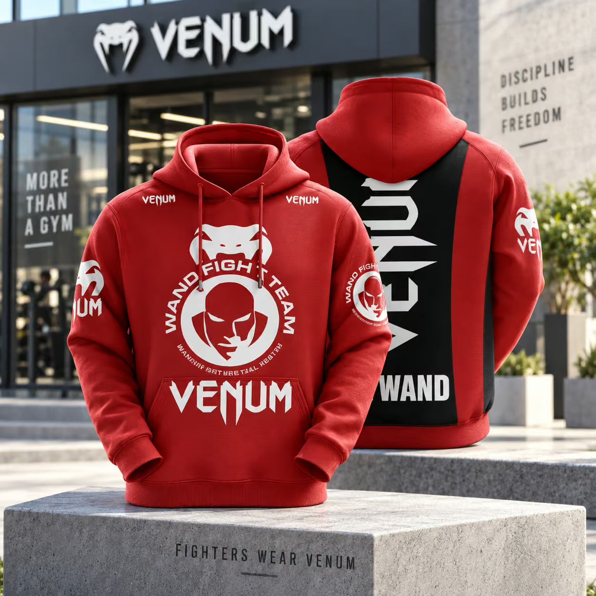 Two red Venum fight apparel hoodies displayed on stone pedestals in front of a Venum storefront. The front hoodie shows a large white Venum logo and circular graphic on the chest, with smaller Venum branding on the shoulders and sleeve.