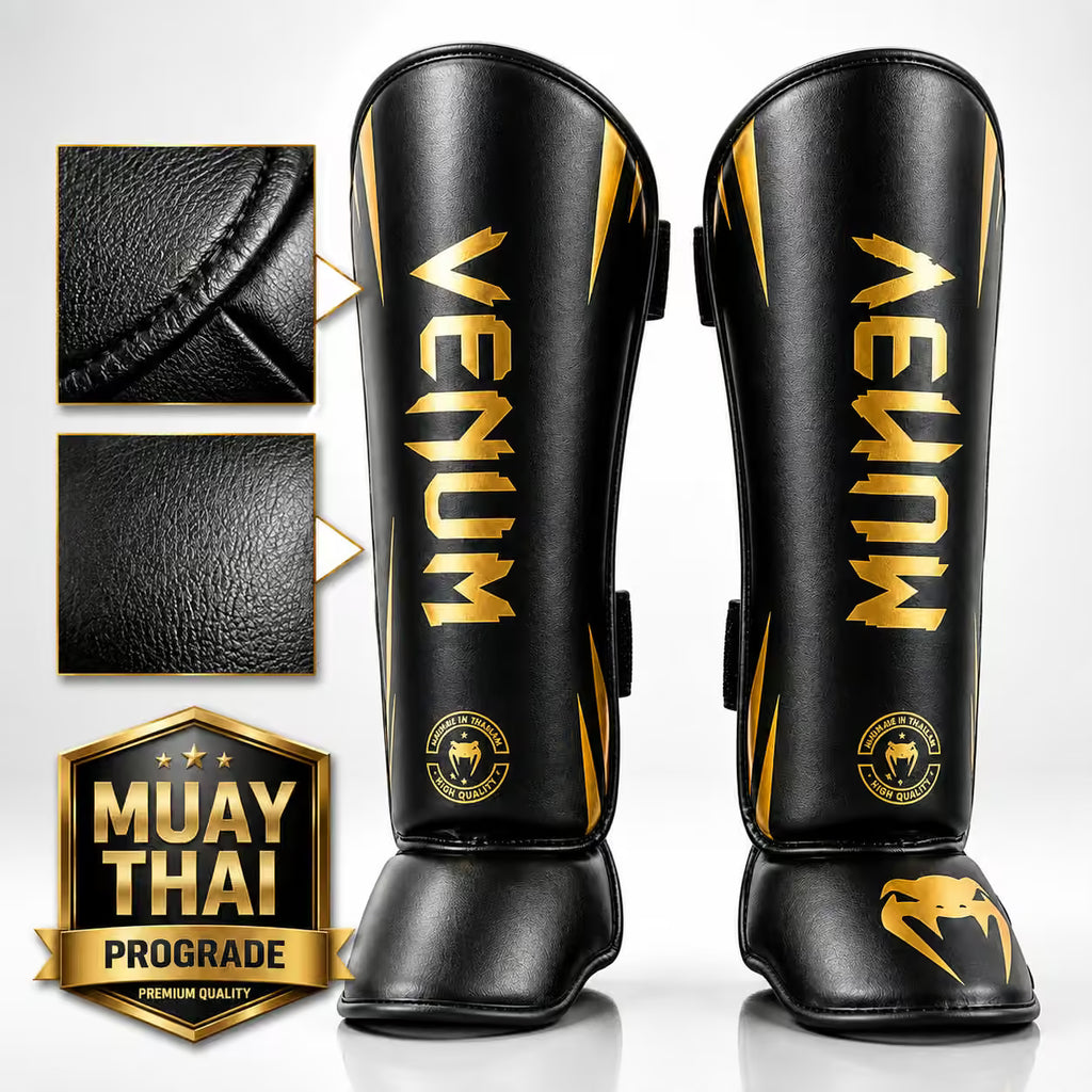 Venum Muay Thai Shin Guards – Black & Gold | Premium Shin & Instep Protection