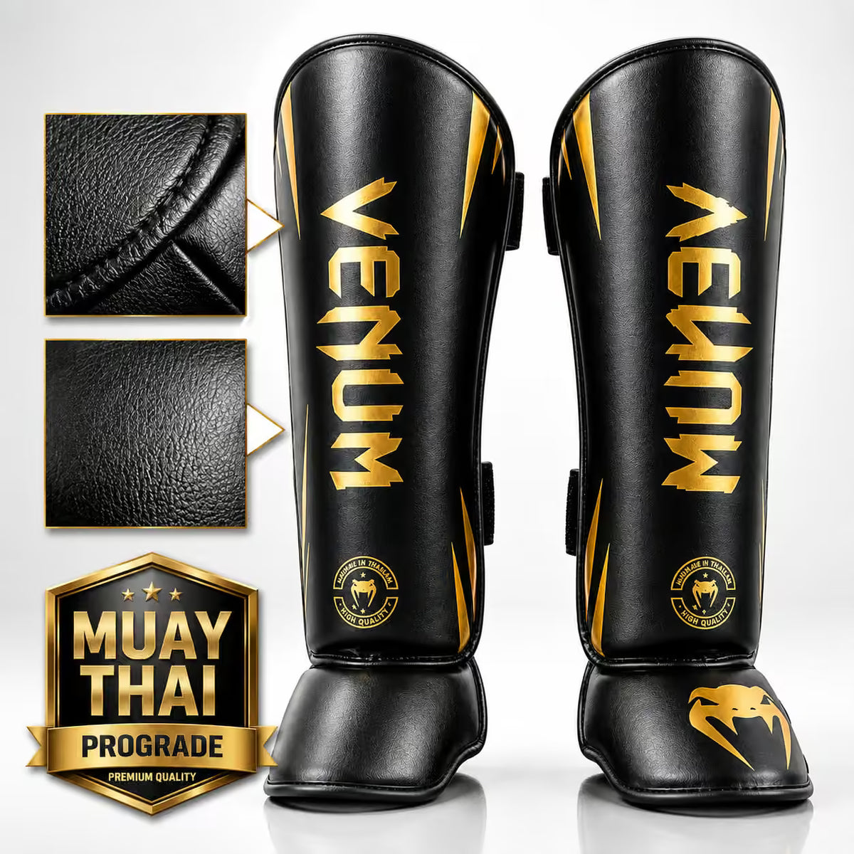 Venum Muay Thai Shin Guards – Black & Gold | Premium Shin & Instep Protection