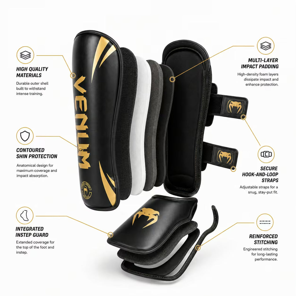 Venum Muay Thai Shin Guards – Black & Gold | Premium Shin & Instep Protection