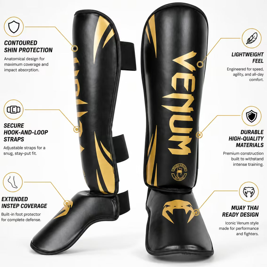 Venum Muay Thai Shin Guards – Black & Gold | Premium Shin & Instep Protection