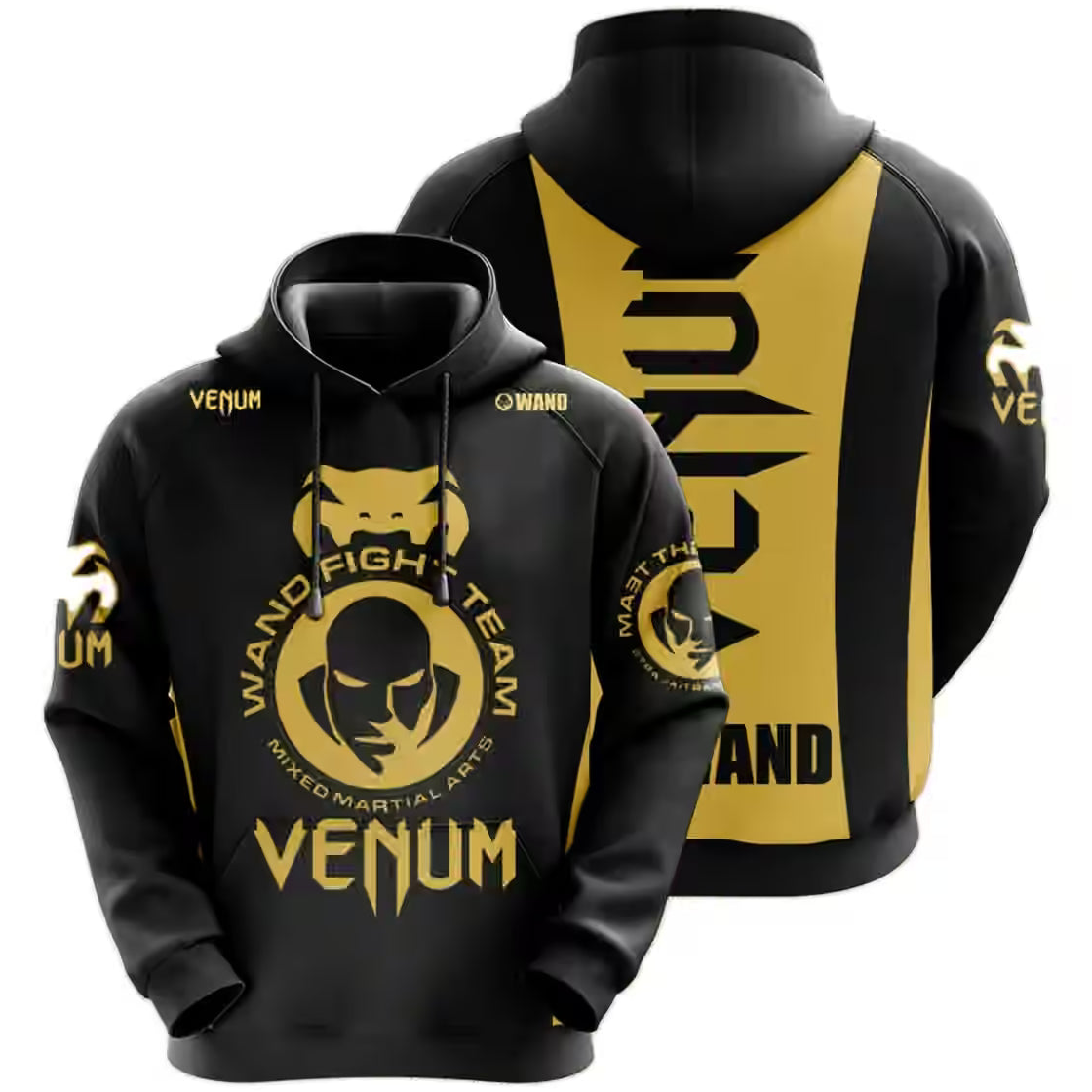 Black and gold hoodie with Venum branding and design on a light gray background