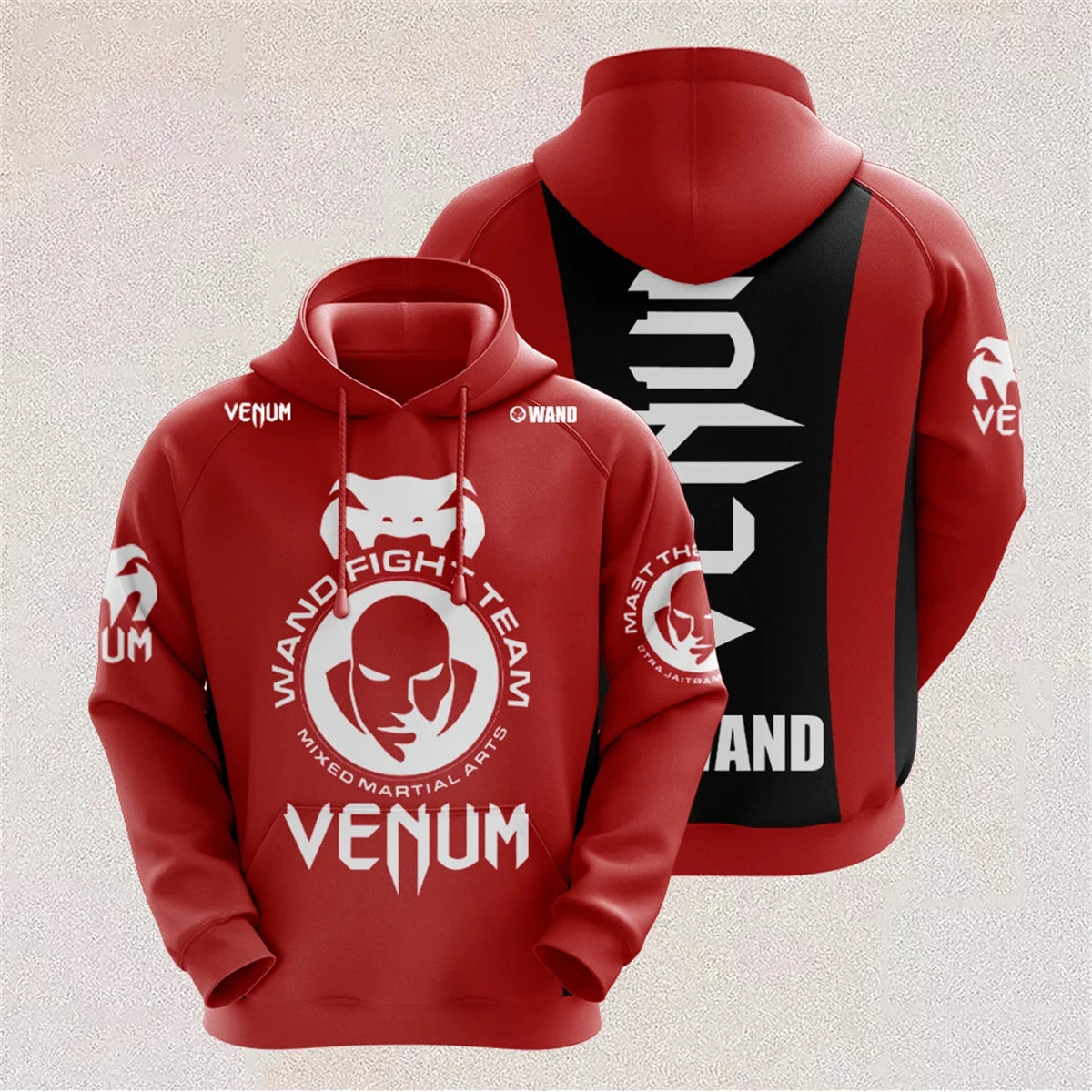 Red and black hoodie with Venum branding on a light background