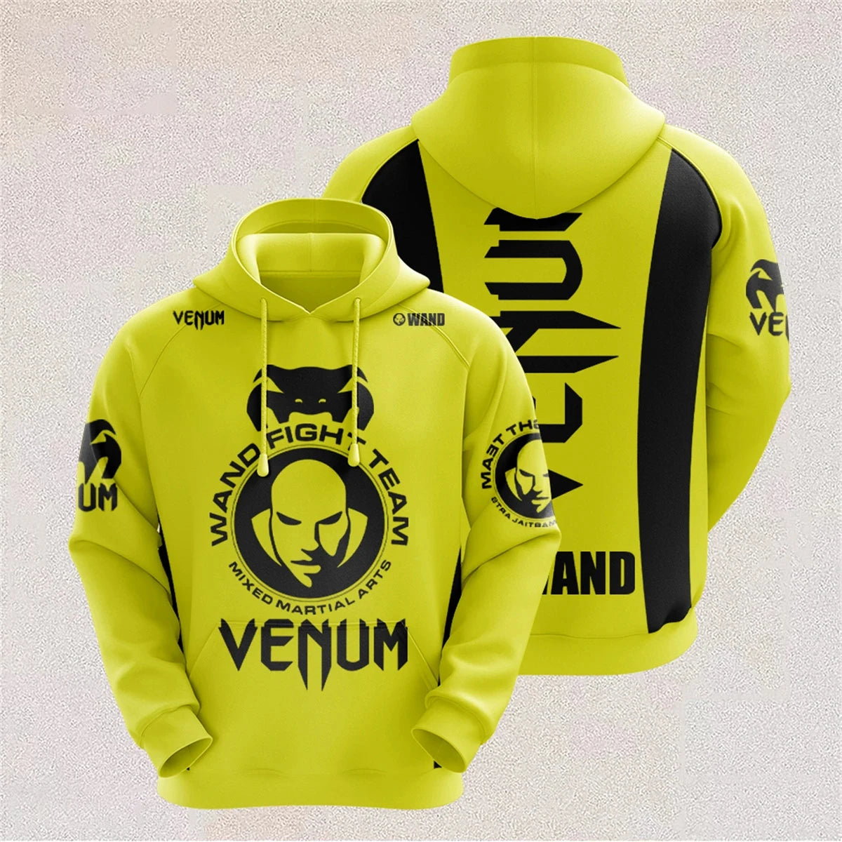Yellow hoodie with black branding and text on a light gray background