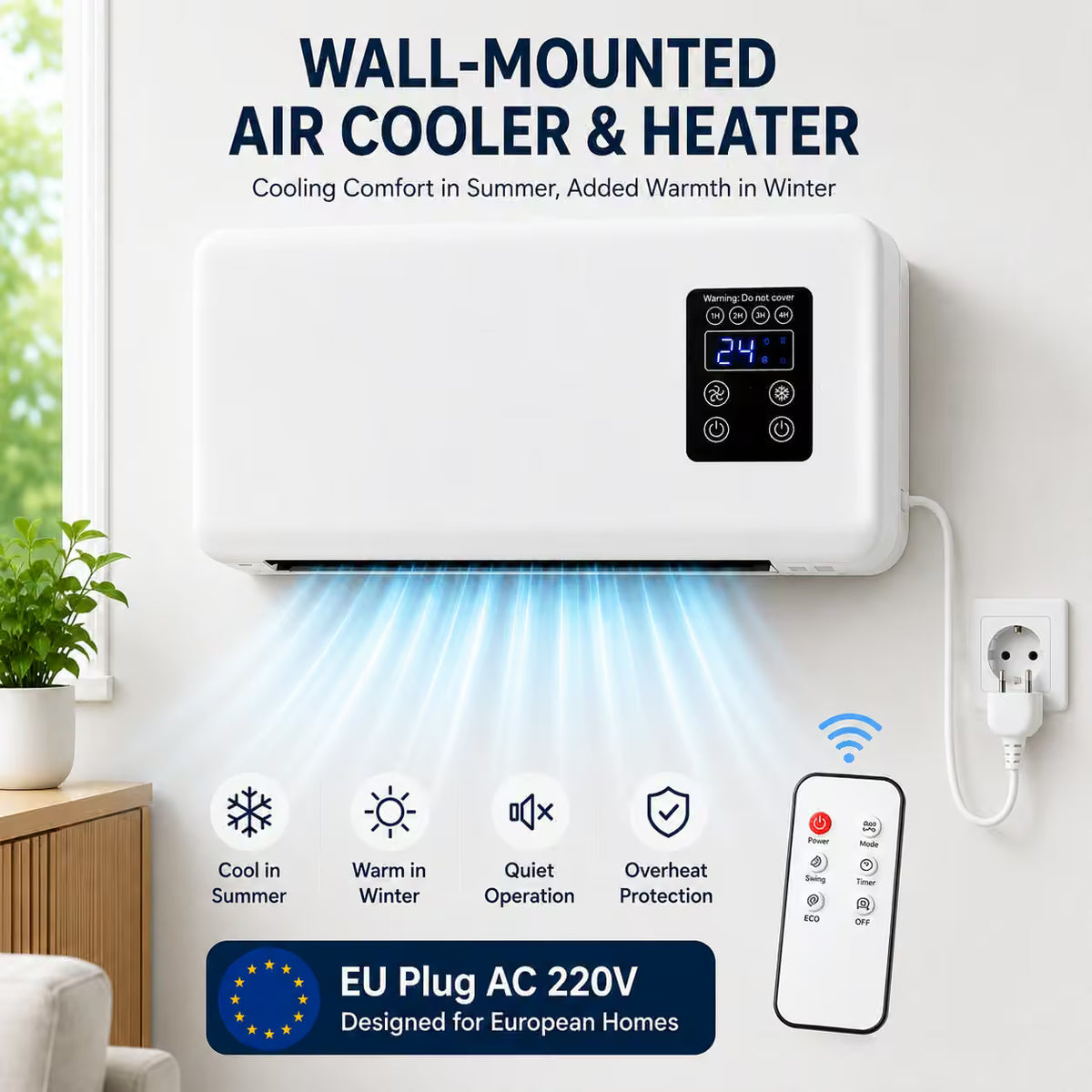 Wall-Mounted Air Cooler-Heater | Air Conditioner-Cooling Fan Heater with Remote Control