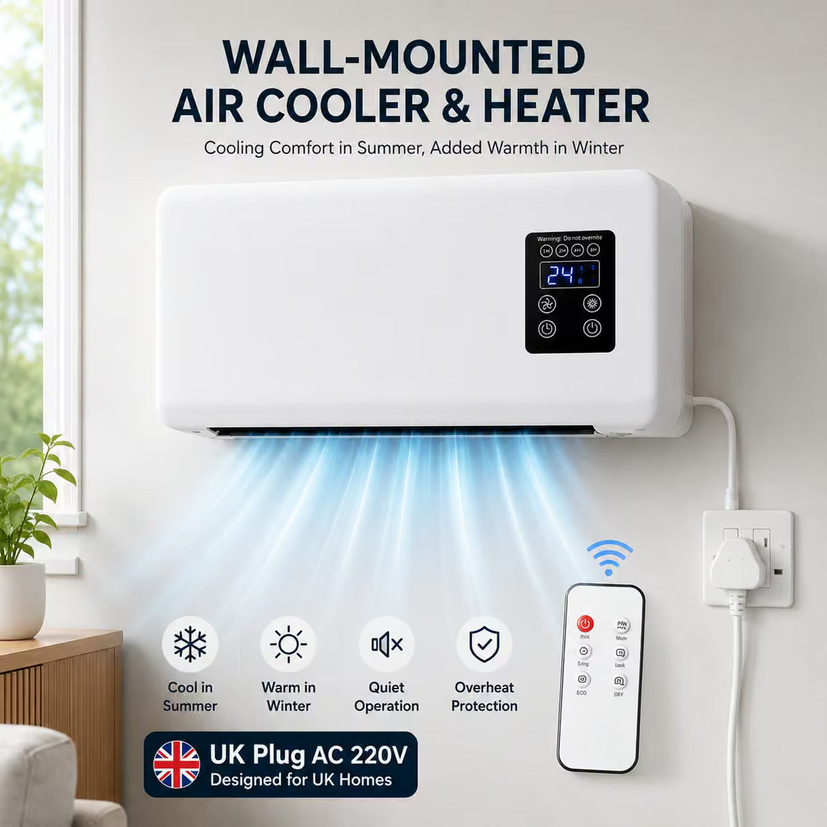 Wall-Mounted Air Cooler-Heater | Air Conditioner-Cooling Fan Heater with Remote Control