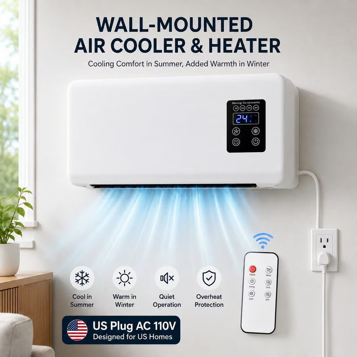 Wall-Mounted Air Cooler-Heater | Air Conditioner-Cooling Fan Heater with Remote Control