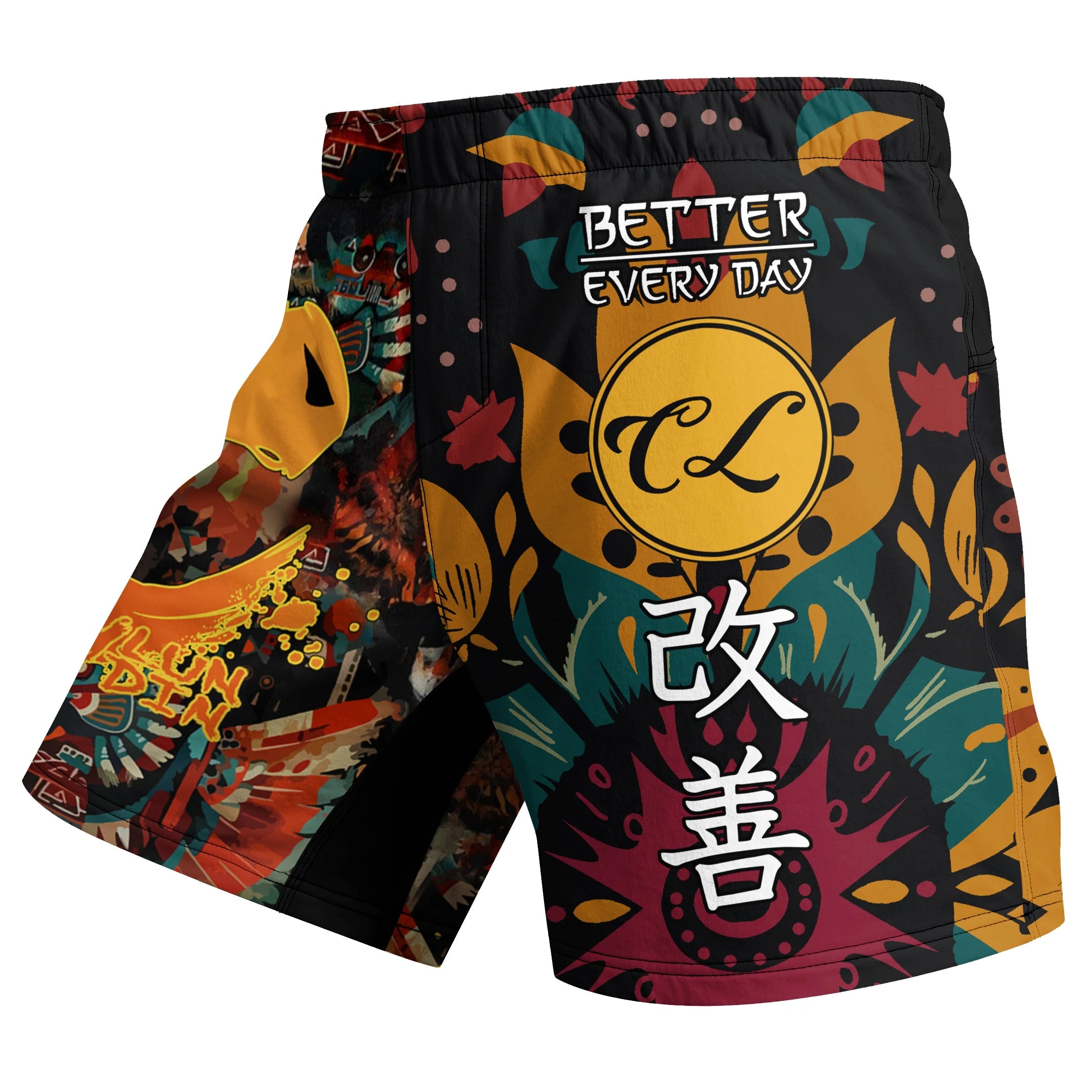 Colorful shorts with a logo and text on a white background