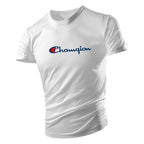 White t-shirt with Champion logo on a white background