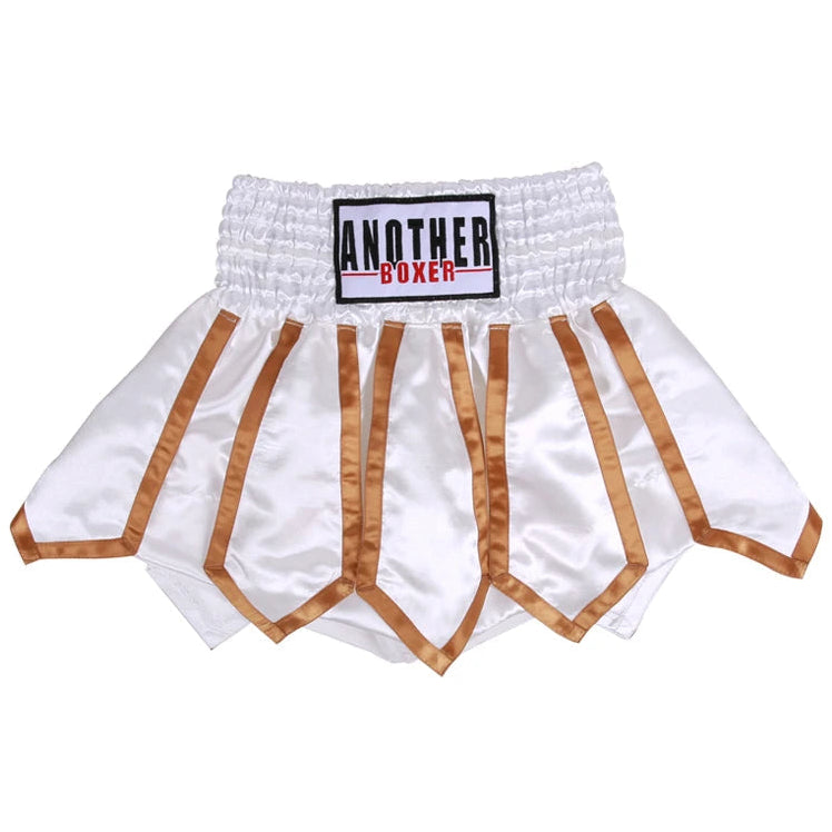 White satin fight shorts with gold trim and a black, white, and red 'ANOTHER BOXER' patch on the waistband, shown against a plain white background.