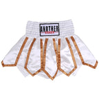 White satin fight shorts with gold trim and a black, white, and red 'ANOTHER BOXER' patch on the waistband, shown against a plain white background.