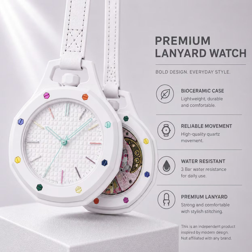 White round watch with a white strap and colorful gem-like accents around the bezel, shown alongside marketing text that reads 'PREMIUM LANYARD WATCH' with feature callouts.