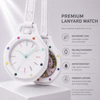 White round watch with a white strap and colorful gem-like accents around the bezel, shown alongside marketing text that reads 'PREMIUM LANYARD WATCH' with feature callouts.