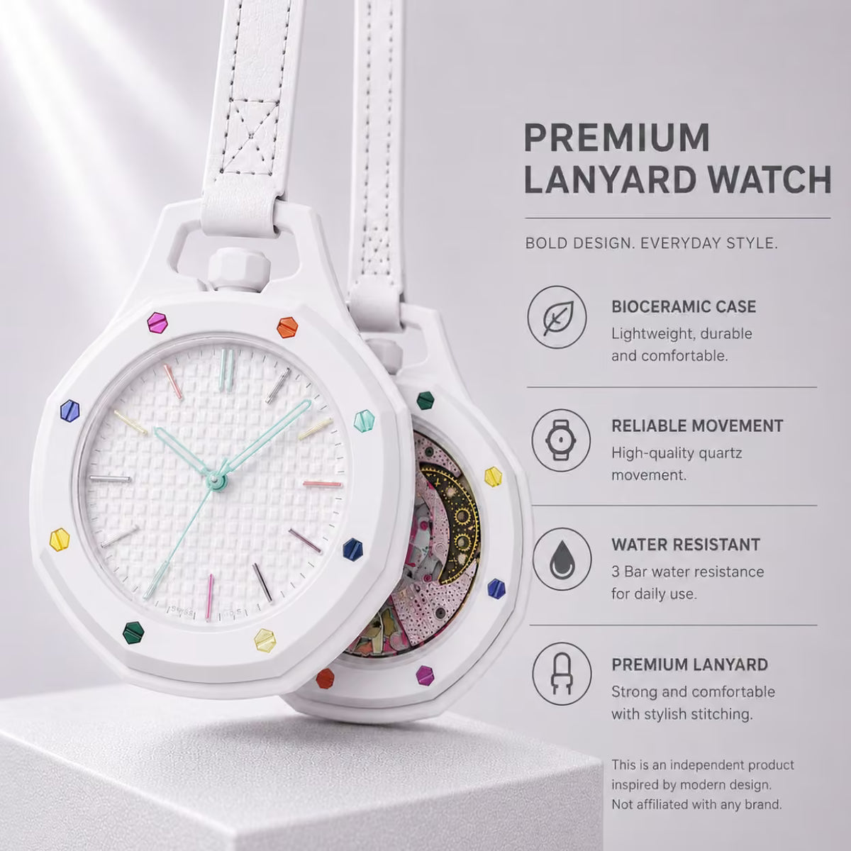 White round watch with a white strap and colorful gem-like accents around the bezel, shown alongside marketing text that reads 'PREMIUM LANYARD WATCH' with feature callouts.