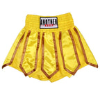 Yellow satin boxing shorts with brown trim and a black, white, and red 'ANOTHER BOXER' logo patch on the waistband, shown on a white background with 'Choice' store branding.