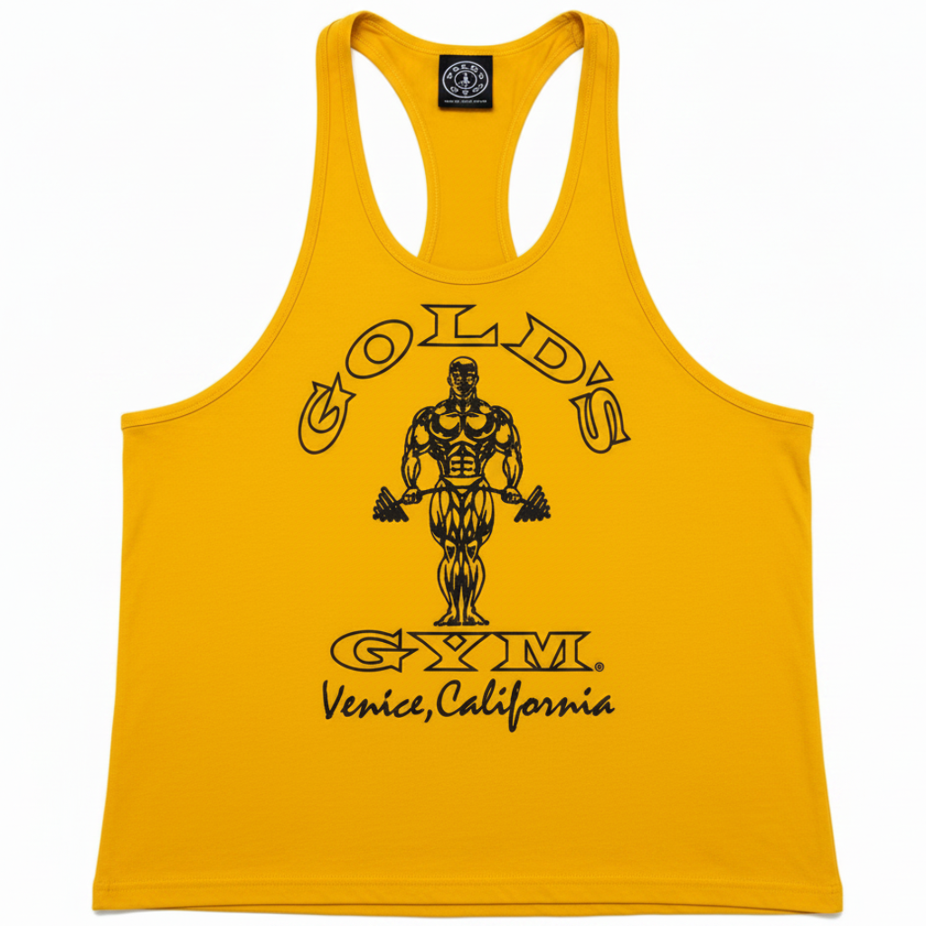 Yellow tank top with Gold's Gym logo on a white background