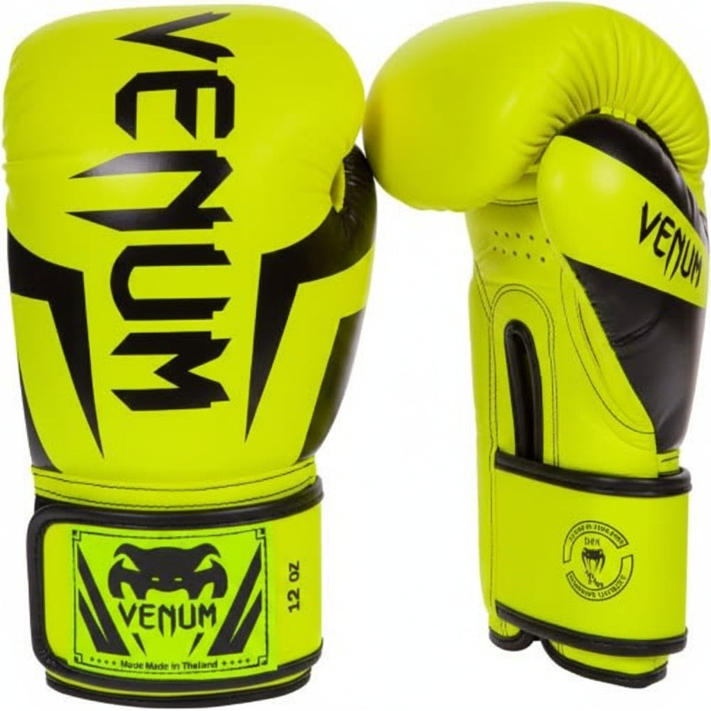 Pair of Venum boxing gloves in yellow and black on a white background