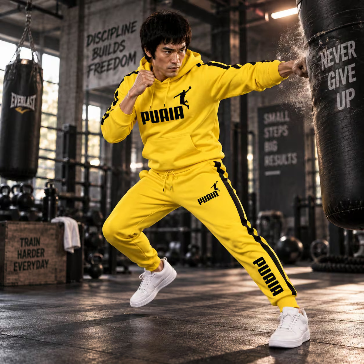 A man in a bright yellow PUMA tracksuit with black stripes and logos is punching a hanging Everlast bag in a gym.